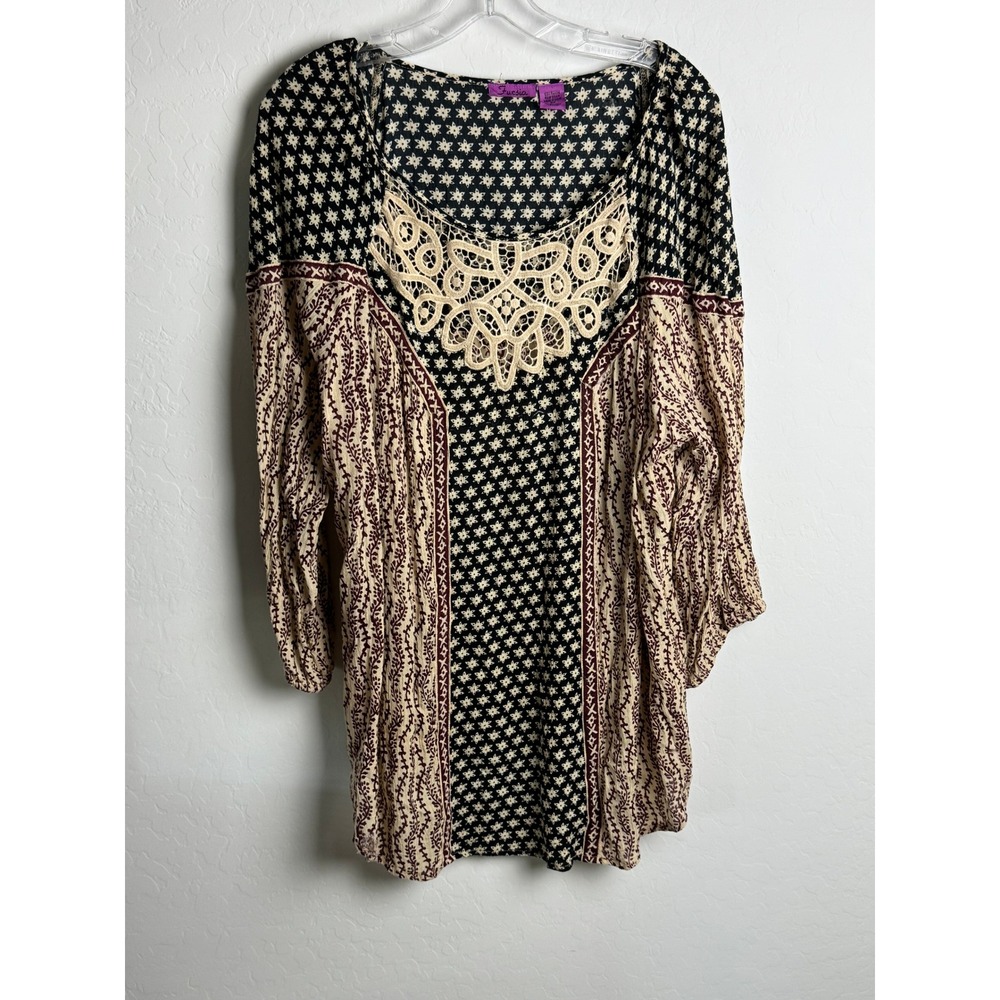 Fucsia Women 3X Boho Mixed Print Crochet Lace Neck Tunic Top Rayon Long Sleeve